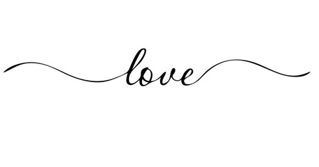 The word Love is written in handwriting, calligraphy. There are wavy lines on the sides that make the text fly. Black text on a white background. As decorations for posters, banners, postcards 