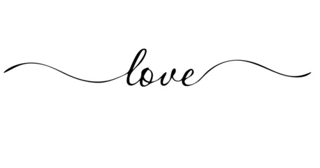 Papier Peint photo Typographie positive The word Love is written in handwriting, calligraphy. There are wavy lines on the sides that make the text fly. Black text on a white background. As decorations for posters, banners, postcards 