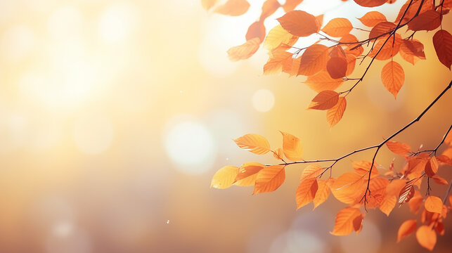 beautiful autumn foliage background with brunches and falling tree leaves at sky with bokeh