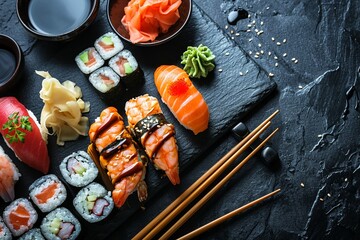 Elegant Japanese Sushi Assortment on Black Slate

