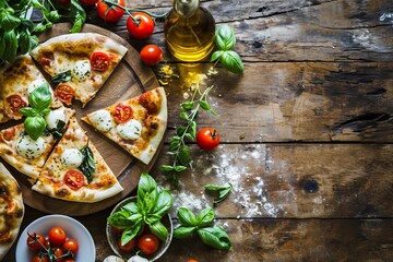Italian Pizza Assortment on Rustic Wooden Surface

