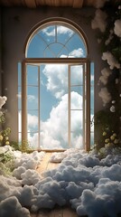 Surrealism painting of a room with a large open door leading to a bright sky
