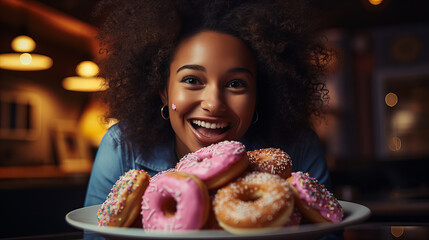 Delight in Sweet Treats, Radiant young woman with an enticing plate of donuts, embodying indulgence and happiness.