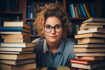 Female Librarian with a Stack of Books