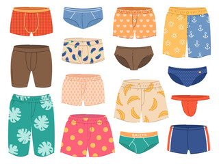 Patterned men underwear. Male panties, different types, swimming trunks, boxers and beach shorts, men modern everyday clothes with funny tropical prints, cartoon flat vector set