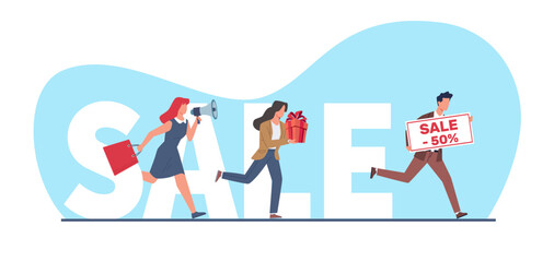 Pushy salesmen chasing fleeing customer. Woman with loudspeaker, girl buying presents and gifts for holidays. Discount and sale offer. Huge letters. Cartoon flat isolated vector concept