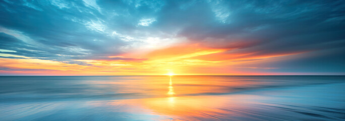 Teal blue with oranges and yellows above the ocean horizon - Fantasy vibrant panoramic sunset sky - Gradient rich colors - ethereal dreamy summer sunset or sunrise sky. Uplifting and peaceful sky. - obrazy, fototapety, plakaty