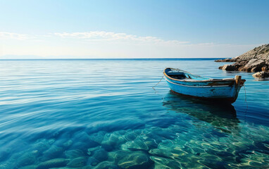 Naklejka premium Solitary blue wooden boat floating on calm ocean waters under clear skies, representing solitude, peace, and the vastness of the sea