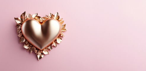 A golden heart on a pink background. a banner with a place for text