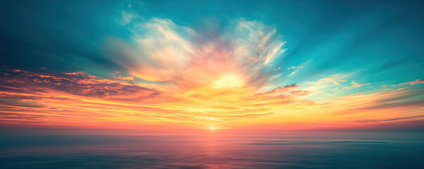 Fantasy vibrant panoramic sunset sky - Gradient rich colors - ethereal dreamy summer sunset or sunrise sky. Uplifting and peaceful sky. - blue, orange, yellow vibrant rich colors - obrazy, fototapety, plakaty