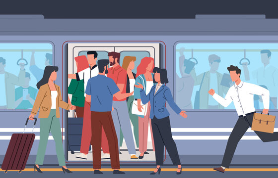 Subway car crowded with people during rush hour. Underground city transport. Men, women and kids in railway commuter. Waiting for train to arrive. Cartoon flat isolated vector concept