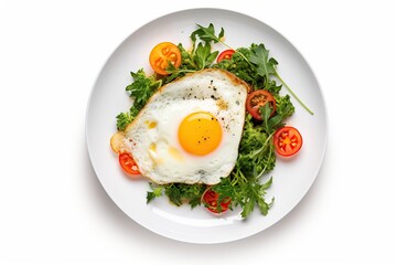 Fried eggs with vegetables and herbs in plate on white background