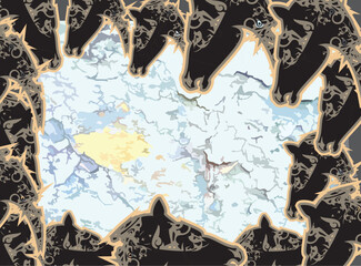 Textural background with dark ornamental horse head elements against cracked blue wall.  Patterned backdrop for business concepts, covers, fabrics, textiles, scrapbooking, interior solutions, posters