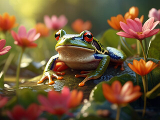 Naklejka premium A frog sitting by the stream surrounded by flowers