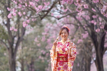 Japanese woman in traditional kimono dress holding sweet hanami dango dessert while walking in the...