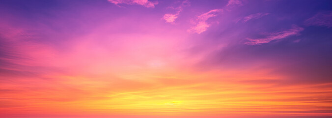 Orange, pink, purple and yellow fiery sunset - Fantasy vibrant panoramic sunset sky - Gradient rich...