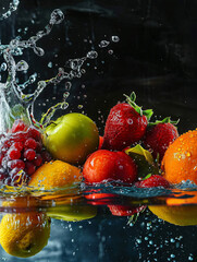 Generated AI. Fresh various fruits dropping in the water.