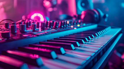 Assorted collage of musical instruments. Guitar keyboard Brass percussion studio music concept. Generative AI.