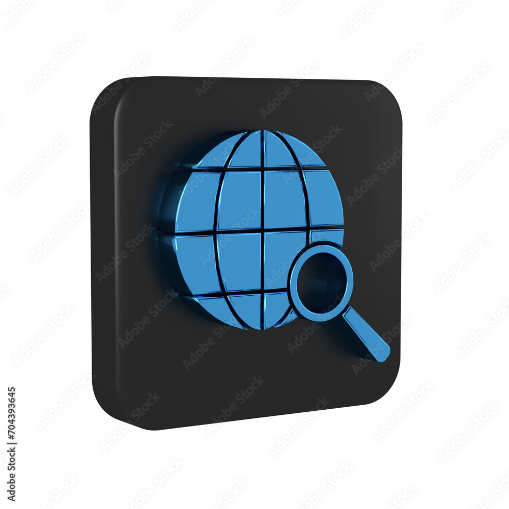 Poster blue magnifying glass with globe icon isolated on transparent background. analyzing the world. globa