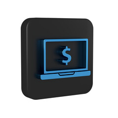 Blue Laptop with dollar symbol icon isolated on transparent background. Online shopping concept. Earnings in the Internet, marketing. Black square button.