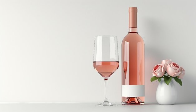 Rosé wine bottle for label layout with a glass of wine on a white background. Advertisement and branding, AI illustrations