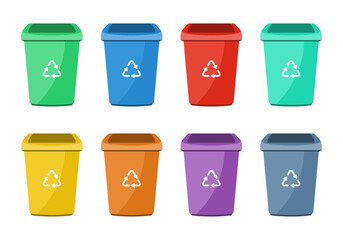 Set of dustbin with recycle symbol. Colorful trash cans with recycling icon. Bins for recycling different types of waste. Waste sorting containers. Vector illustration.