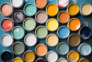 Group of Paint Cans in Various Colors for Different Painting Projects