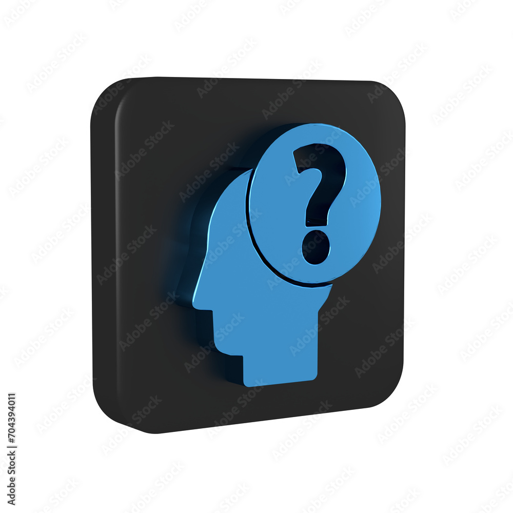 Sticker blue human head with question mark icon isolated on transparent background. black square button.