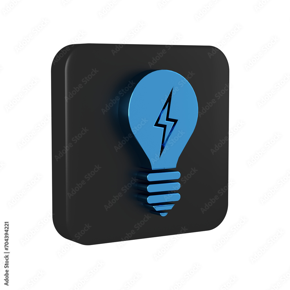 Poster Blue Light bulb with lightning symbol icon isolated on transparent background. Light lamp sign. Idea symbol. Black square button.