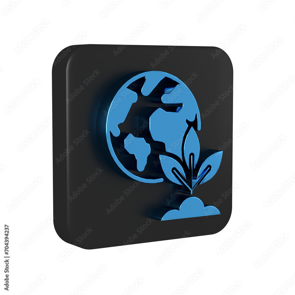 Sticker Blue Earth globe and plant icon isolated on transparent background. World or Earth sign. Geometric shapes. Environmental concept. Black square button.