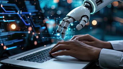 man using laptop for searching of technology smart open AI or artificial intelligence using an artificial intelligence chatbot developed.