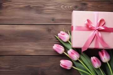 Flat lay of gift box with ribbon bow and bouquet of tulips on wooden background. Mother's Day concept