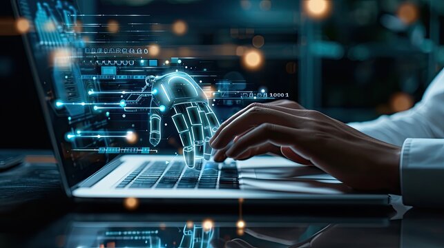 man using laptop for searching of technology smart open AI or artificial intelligence using an artificial intelligence chatbot developed.