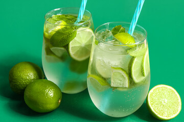 Glasses of cold mojito and lime on green background