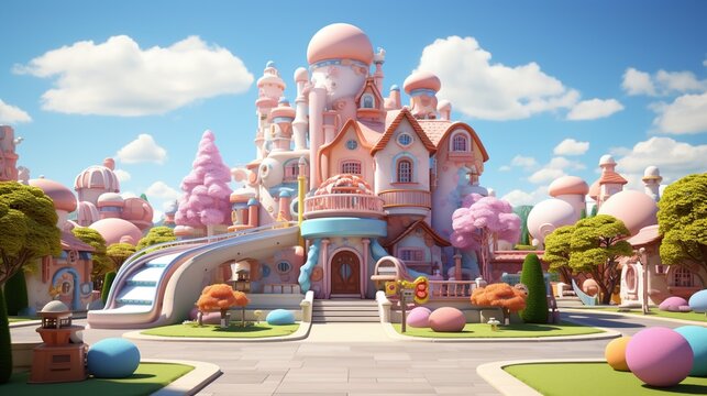 A whimsical digital illustration of a colorful and cute town