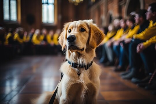 A focused Golden Retriever sits attentively in a hall filled with people in yellow vests, displaying a sense of responsibility