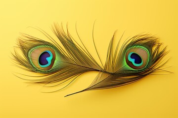 Peacock feathers on yellow background