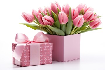 Fototapeta premium Gift box with ribbon bow and bouquet of tulips on white background. Mother's Day concept