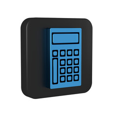 Blue Calculator icon isolated on transparent background. Accounting symbol. Business calculations mathematics education and finance. Black square button.