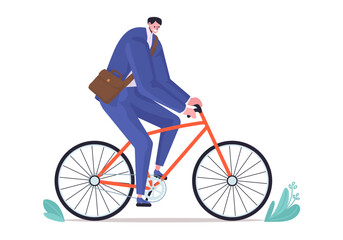 Businessman ride on bicycle vector illustration. Calm young man is riding a leisurely bicycle background