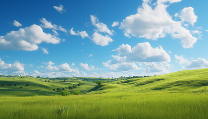 Fototapeta premium Green meadow with beautiful clouds in the sky. 
