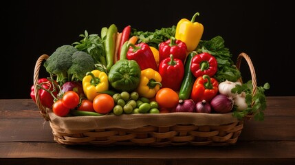 colorful and organic vegetables in basket. juicy red tomatoes bell peppers green. Healthy. vegetarian