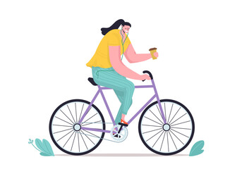 Funny smiling woman with coffee riding on bicycle. Cute vector illustration in flat style