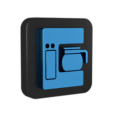 Blue Coffee machine with glass pot icon isolated on transparent background. Black square button.