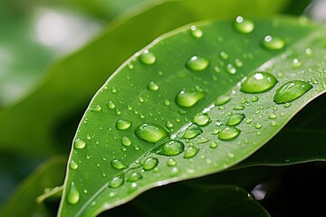 Fototapeta premium Water drops on green leaves