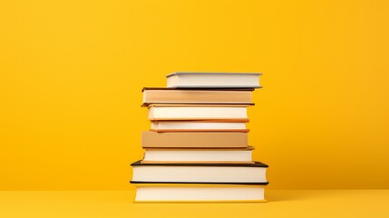 A stack of hardcover business books neatly placed against the solid yellow backdrop.