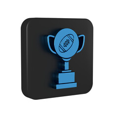 Blue Award cup and American football ball icon isolated on transparent background. Winner trophy symbol. Championship or competition trophy. Black square button.