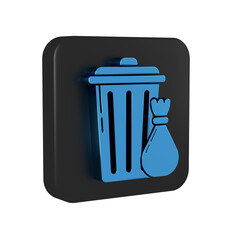 Blue Trash can and garbage bag icon isolated on transparent background. Garbage bin sign. Recycle basket icon. Office trash icon. Black square button.