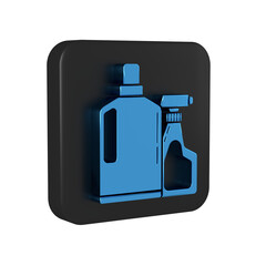 Blue Plastic bottles for liquid laundry detergent, bleach, dishwashing liquid or another cleaning agent icon isolated on transparent background. Black square button.