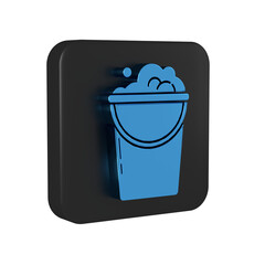 Blue Bucket with foam and bubbles icon isolated on transparent background. Cleaning service concept. Black square button.